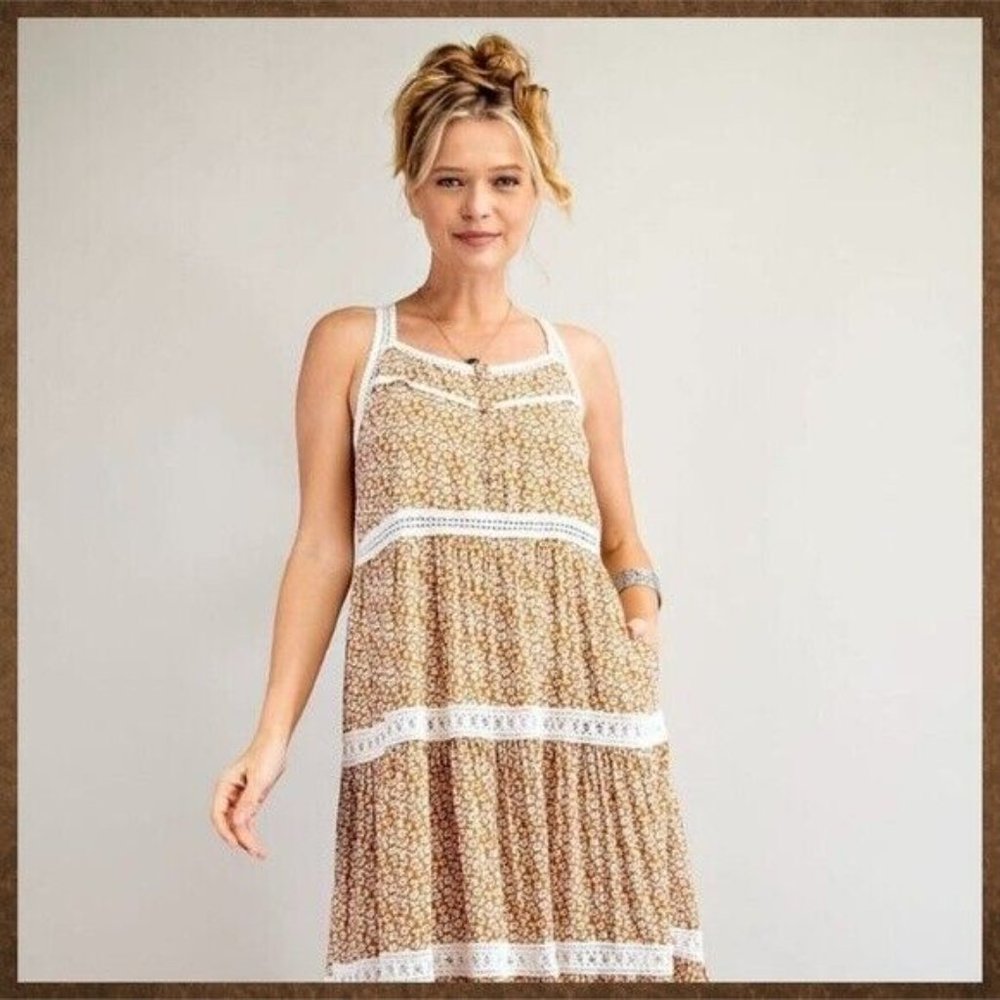 EASEL Racerback Floral Print Lace Trim Tiers Midi - Maxi Ruffled Hem - Picture 13 of 16